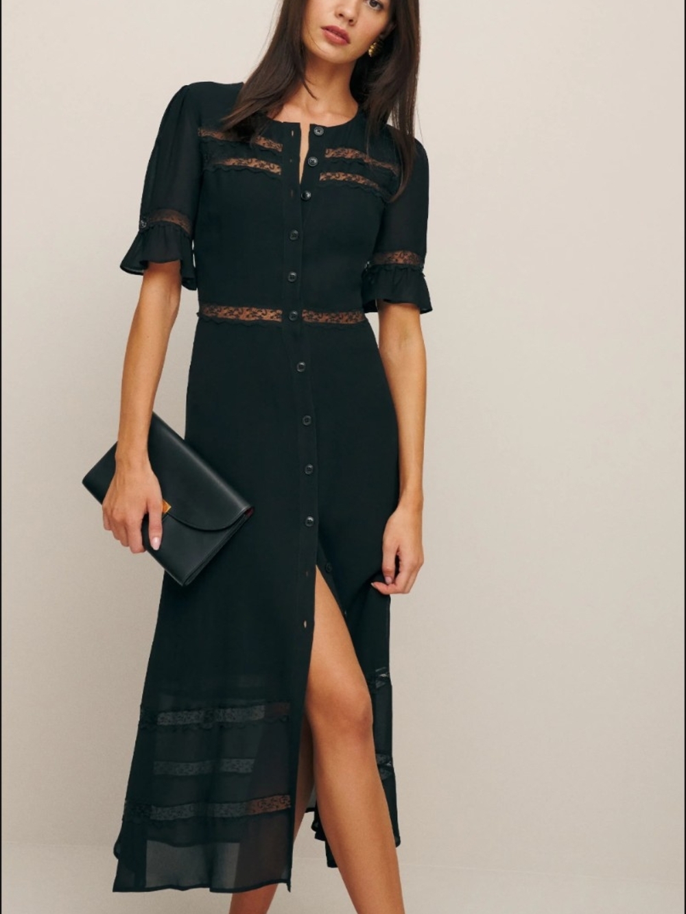 Reformation Black Lace-Trim Button-Front Midi Dress